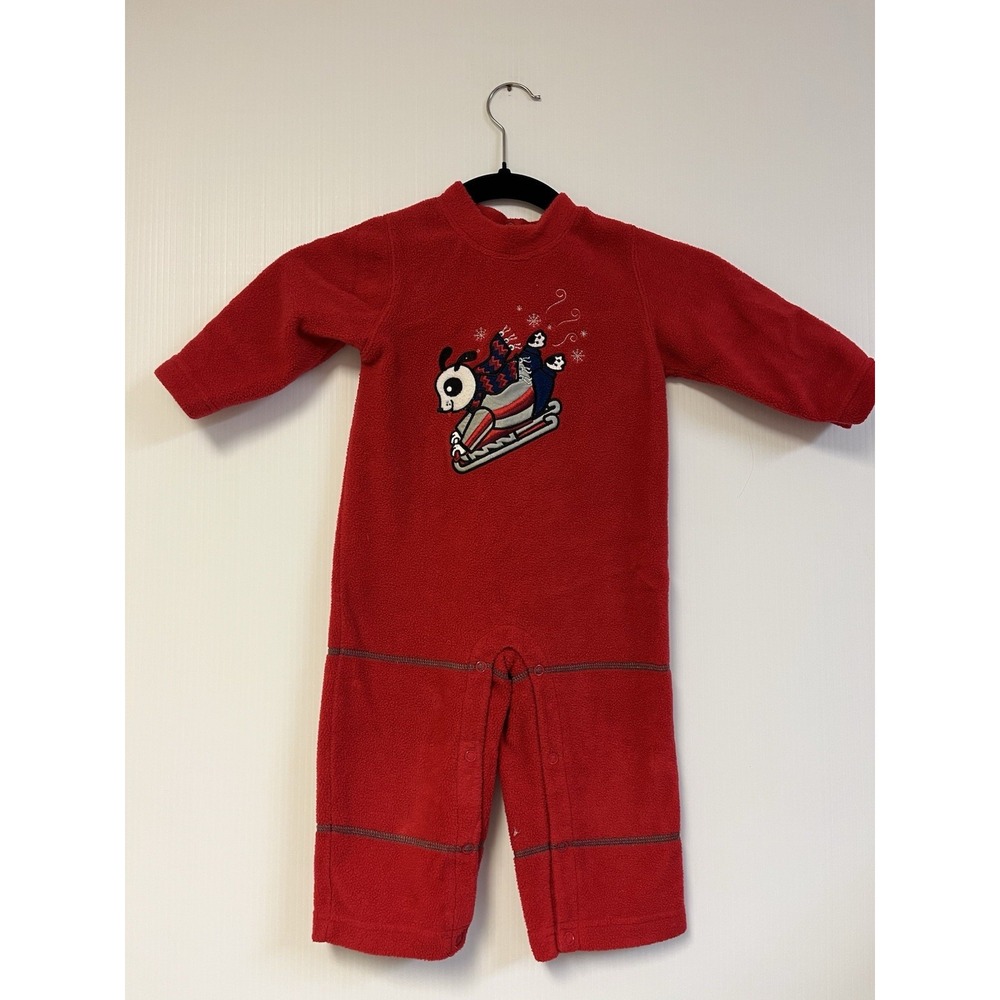 Little Legend‎ Vintage Snap Romper Red Fleece  Velour Appliqued Dog  w/Sledge